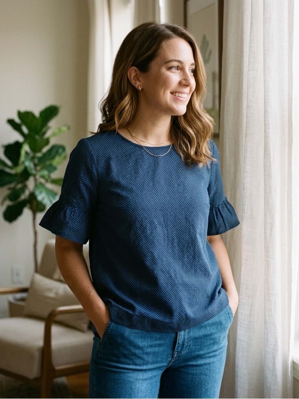 J.Crew Women's Blue Polka Dot Flutter Sleeve Blouse Top Size M 100% Cotton